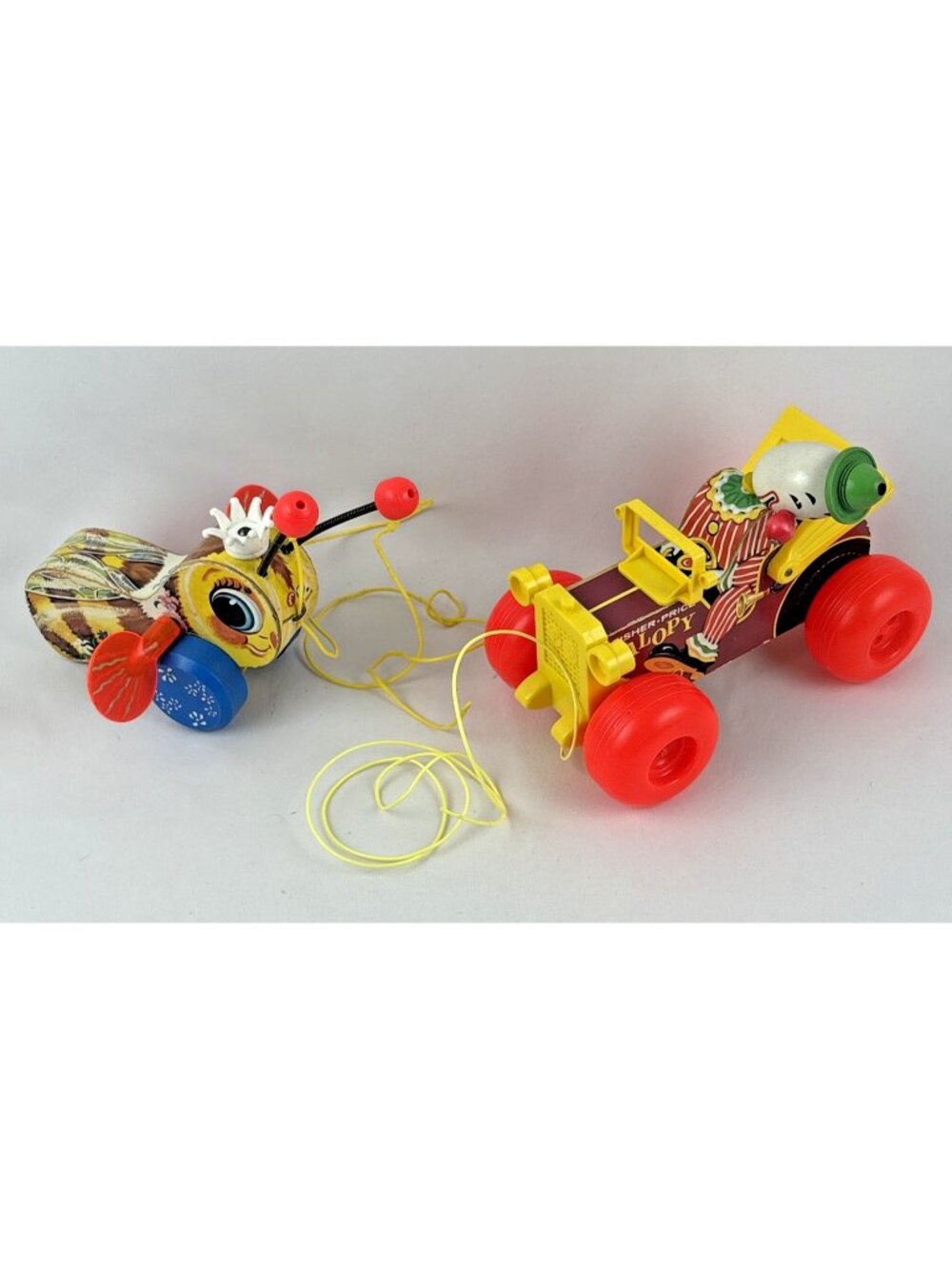 Vintage Fisher Price Jalopy #724 and Queen Buzzy Bee #444 Pull Toys 60s